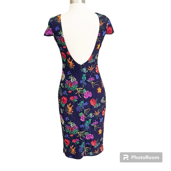 Badgley Mischka Dark Navy Blue Lace Floral Low Back Dress - Picture 2 of 11